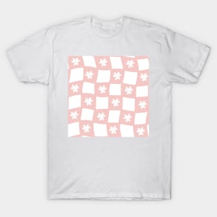 Large Floral Checker Board - pastel blush pink T-Shirt